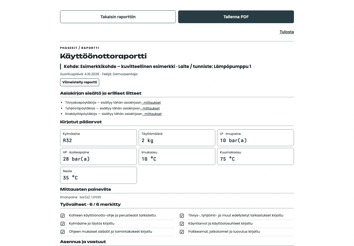 A commissioning report filled with example data in print preview