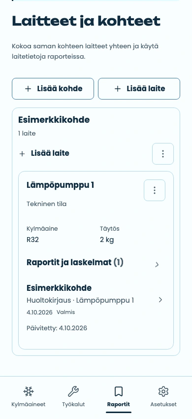 An example site and its saved equipment details